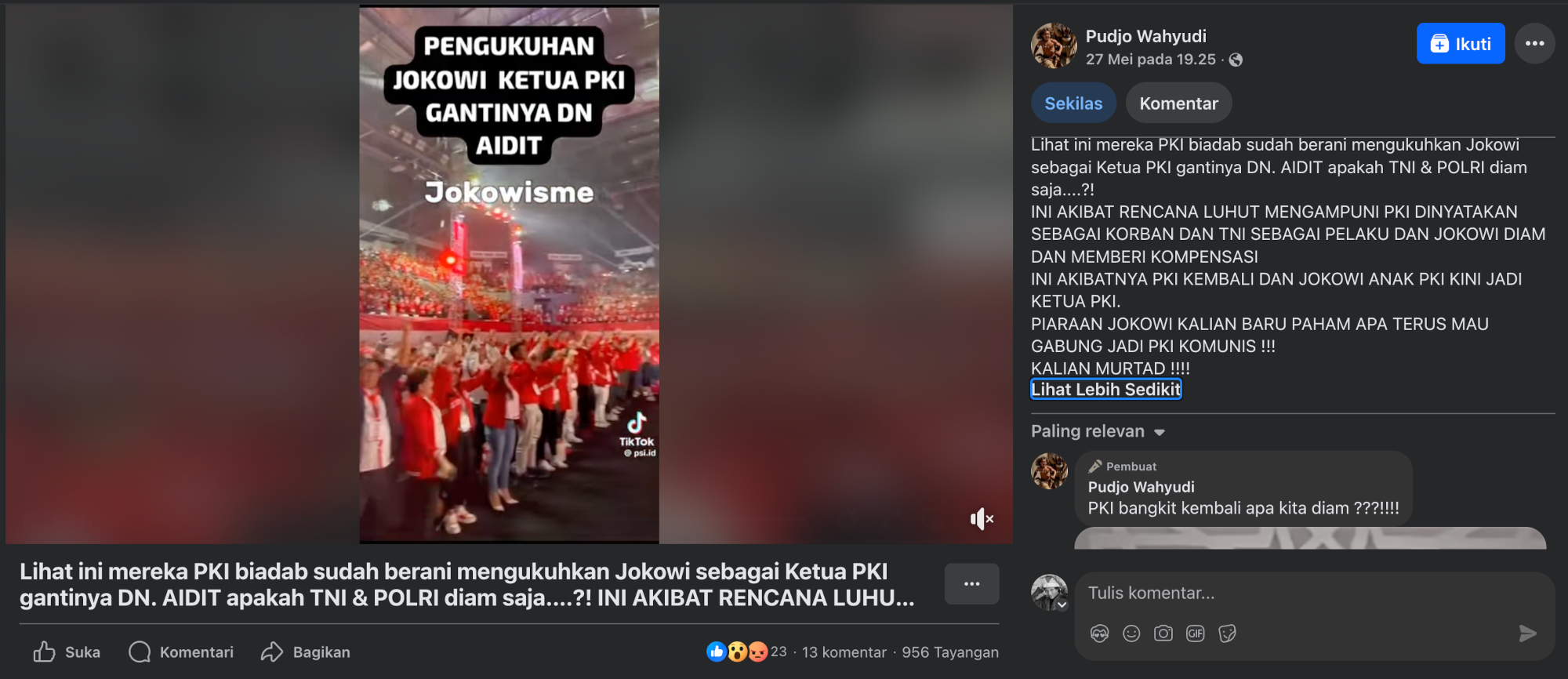 Sebuah video beredar di media sosial menyebut Presiden ke-7 RI, Joko Widodo (Jokowi) telah dikukuhkan sebagai ketua Partai Komunis Indonesia (PKI)